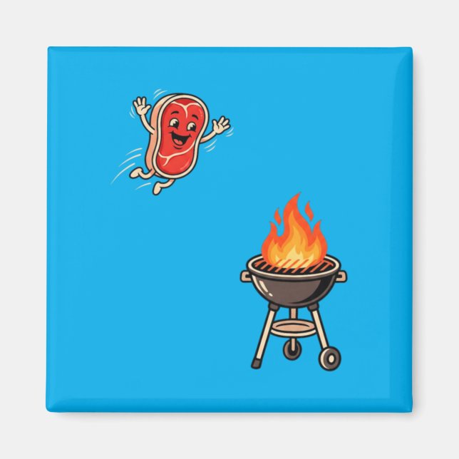 Funny Bbq Steak Jumping Into Grill Barbecue Master Magnet (Front)