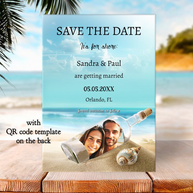 Funny Beach Bottle Wedding Save the Date Card (Funny beach wedding Save the Date card featuring a bottle washed ashore with your custom photo)