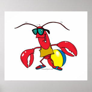 funny beach going lobster cartoon poster