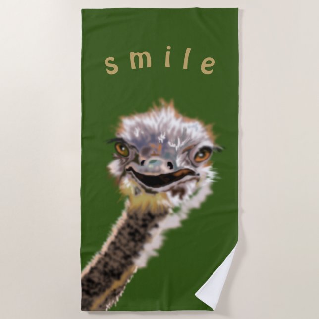 Funny Beach Towel with Happy Ostrich - Smile (Front)