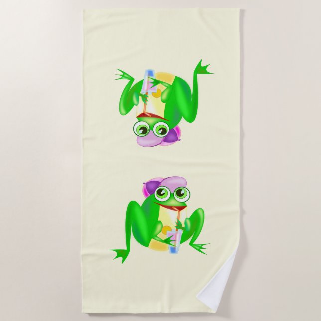 Funny Beach Towel with Happy Party Frogs (Front)