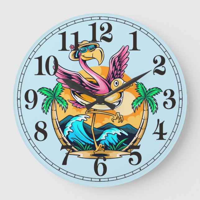 Funny Beach Tropical Flamingo Wall Clock (Front)