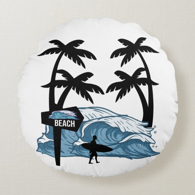 Funny Beach Wave Round Cushion (Front)