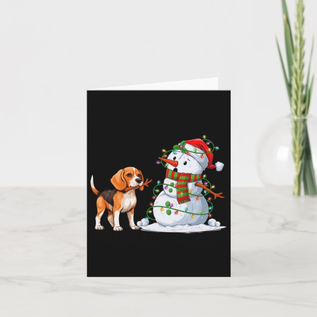 Funny Beagle Dog Snowman Christmas Tree Lights Xma Card (Front)