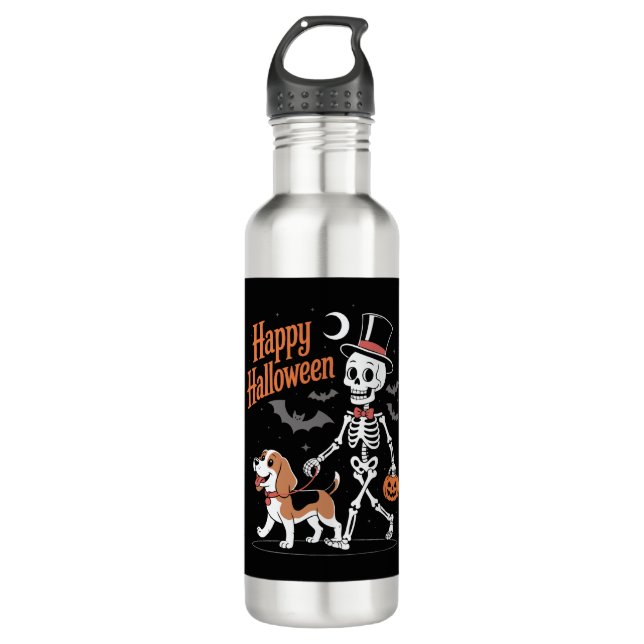 Funny Beagle Skeleton Dog Walking 710 Ml Water Bottle (Front)
