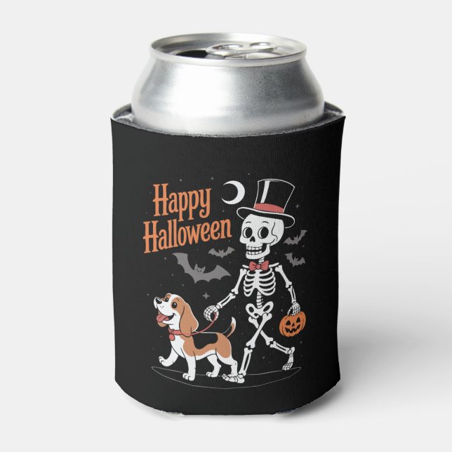 Funny Beagle Skeleton Dog Walking Can Cooler (Can Front)