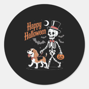 Funny Beagle Skeleton Dog Walking Classic Round Sticker