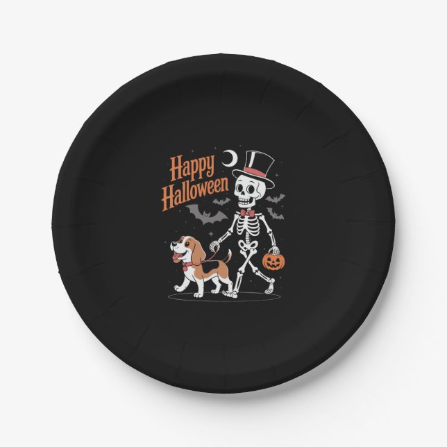 Funny Beagle Skeleton Dog Walking Paper Plate (Front)