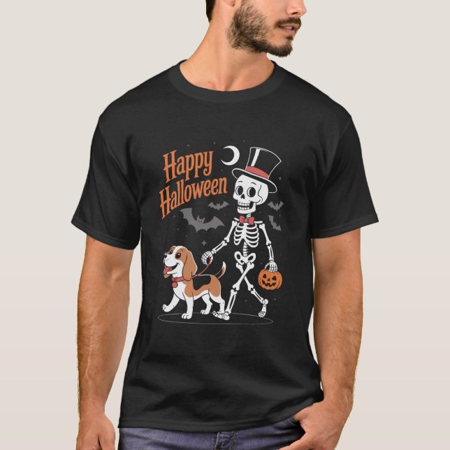 Funny Beagle Skeleton Dog Walking T-Shirt (Front)