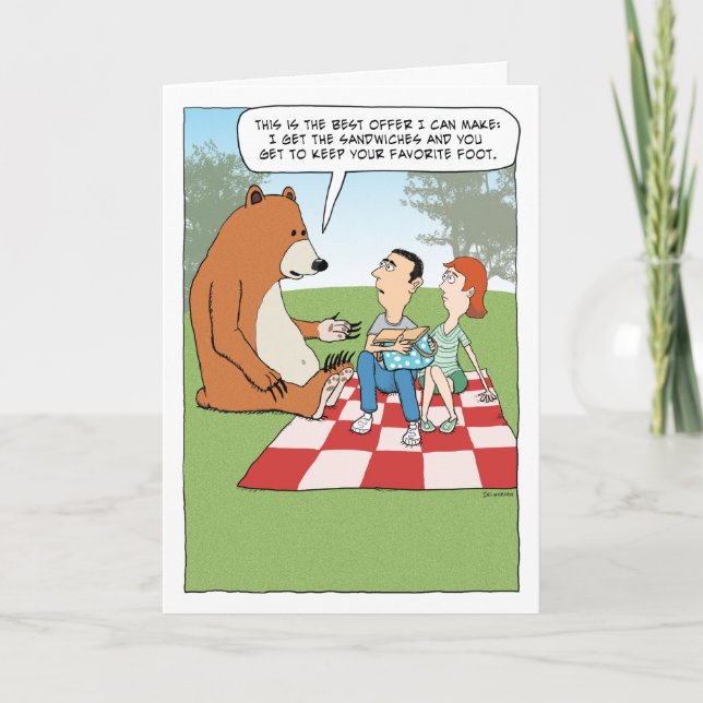 Funny Bear Crashing a Picnic Birthday Card (Front)