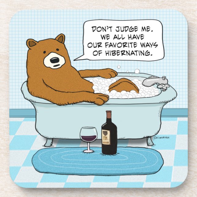Funny Bear Drinking Wine, Relaxing in Tub Coaster (Front)
