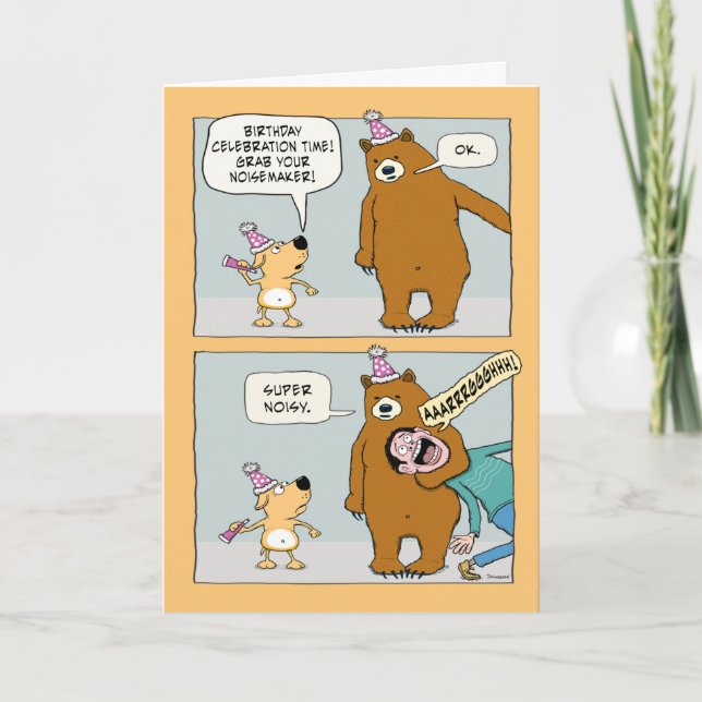Funny Bear Finding a Noisemaker Birthday Card (Front)