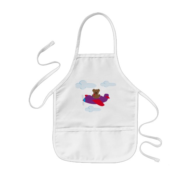 Funny bear flying by plan kids apron (Front)