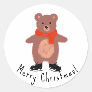 Funny bear on winter skates classic round sticker