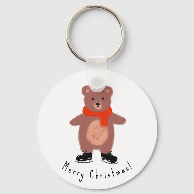 Funny bear on winter skates key ring (Front)