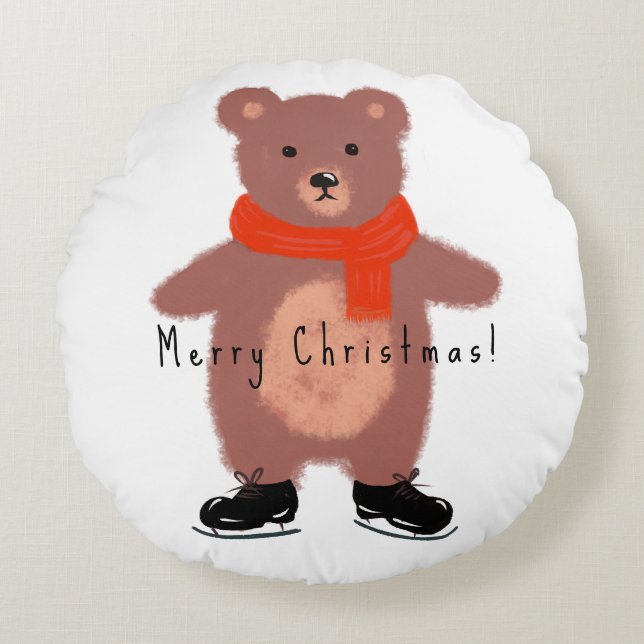 Funny bear on winter skates round cushion (Front)