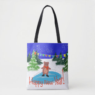 Funny bear on winter skates tote bag