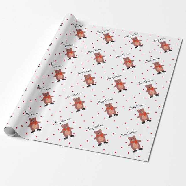 Funny bear on winter skates wrapping paper (Unrolled)