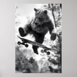 Funny Bear Skateboarding Print Vintage Black