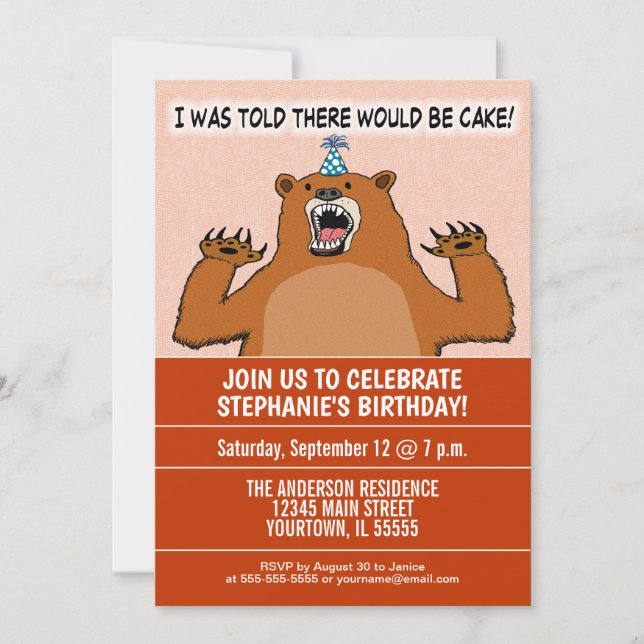 Funny Bear Wants Cake Birthday Party Invitation (Front)