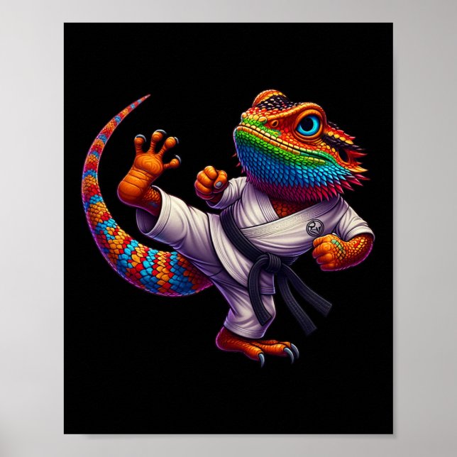 Funny Bearded Dragon High Kick Karate Samurai Ninj Poster (Front)