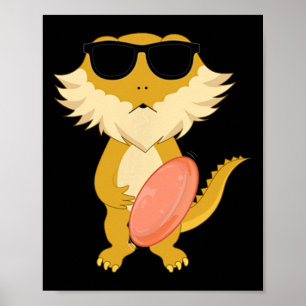 Funny Bearded Dragon Wearing Sungles Playing Disc  Poster