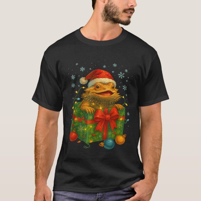 Funny Bearded Dragons Santa Christmas Tree Lights  T-Shirt (Front)