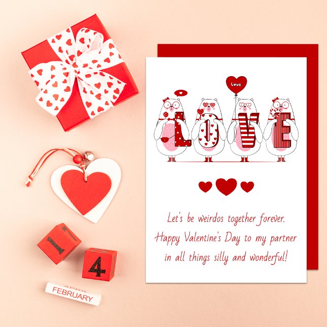 Funny Bears Red Hearts Romantic Valentines Day Holiday Card (Creator Uploaded)