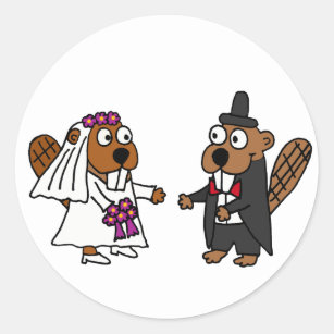 Funny Beaver Bride and Groom Wedding Classic Round Sticker