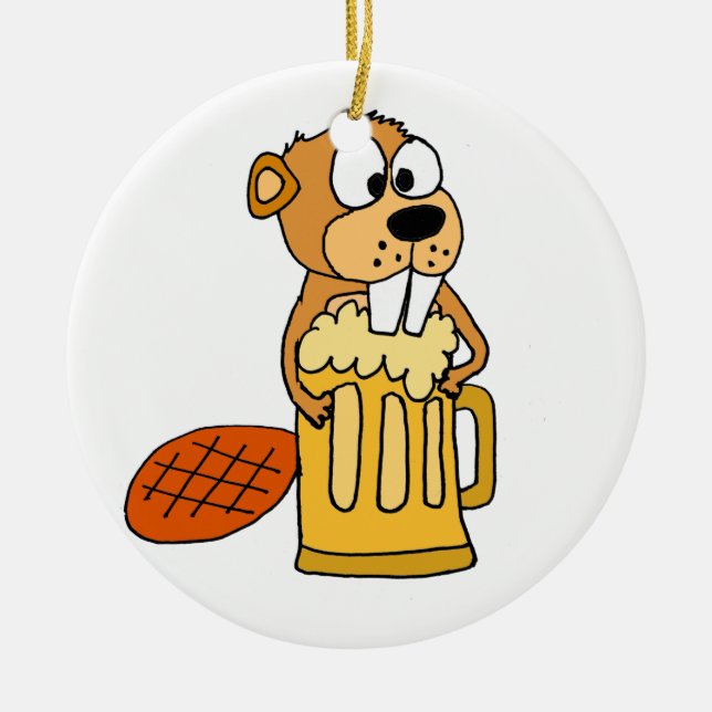 Funny Beaver Drinking Beer Ceramic Ornament (Front)