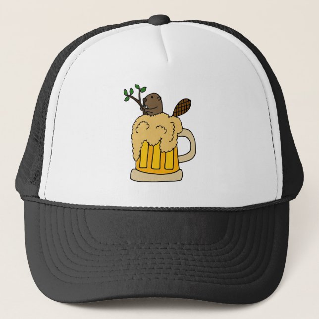 Funny Beaver in Beer Mug Trucker Hat (Front)