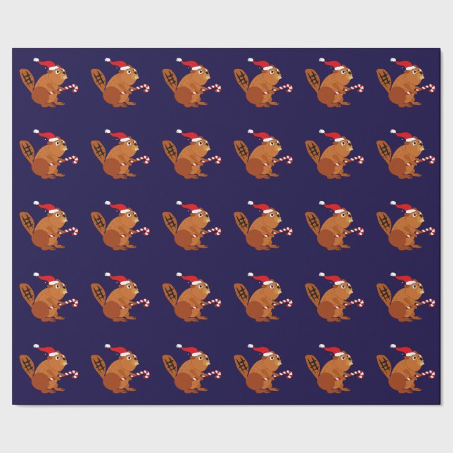Funny Beaver in Santa Hat Christmas Art Wrapping Paper (Seam)