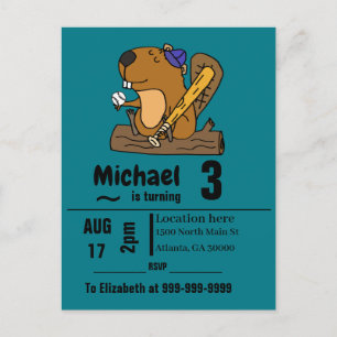 Funny Beaver Playing Baseball Birthday Party Invitation Postcard