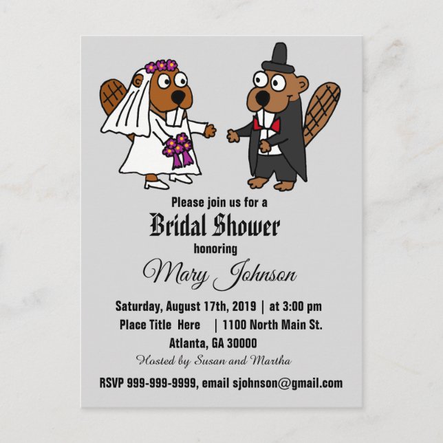 Funny Beaver Wedding Cartoon Invitation Postcard (Front)