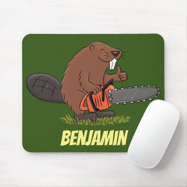 Funny beaver with chainsaw cartoon humor mouse pad (With Mouse)