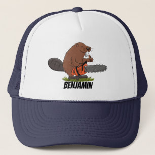 Funny beaver with chainsaw cartoon humor trucker hat