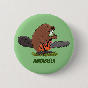 Funny beaver with chainsaw cartoon humour 6 cm round badge