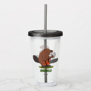 Funny beaver with chainsaw cartoon humour acrylic tumbler