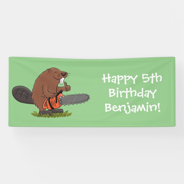 Funny beaver with chainsaw cartoon humour banner (Horizontal)