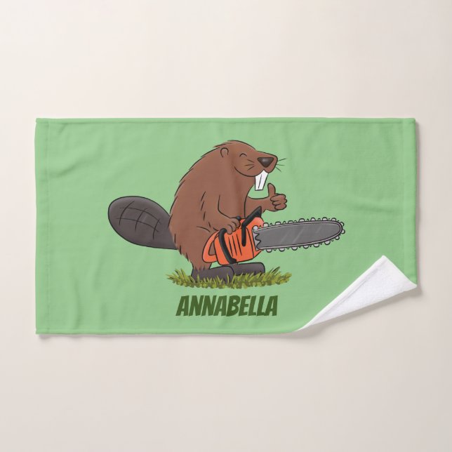 Funny beaver with chainsaw cartoon humour bath towel set (Hand Towel)