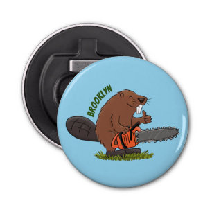Funny beaver with chainsaw cartoon humour bottle opener
