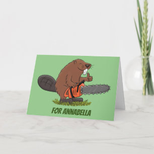 Funny beaver with chainsaw cartoon humour card