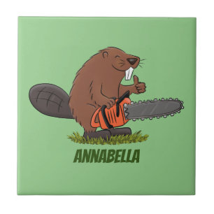 Funny beaver with chainsaw cartoon humour ceramic tile