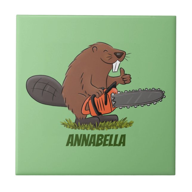 Funny beaver with chainsaw cartoon humour ceramic tile (Front)