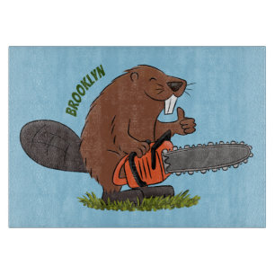 Funny beaver with chainsaw cartoon humour cutting board