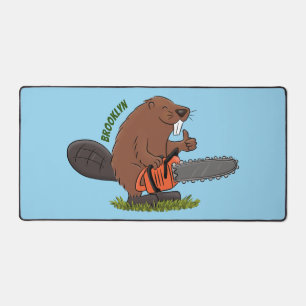 Funny beaver with chainsaw cartoon humour desk mat