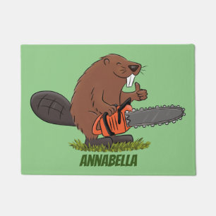 Funny beaver with chainsaw cartoon humour doormat