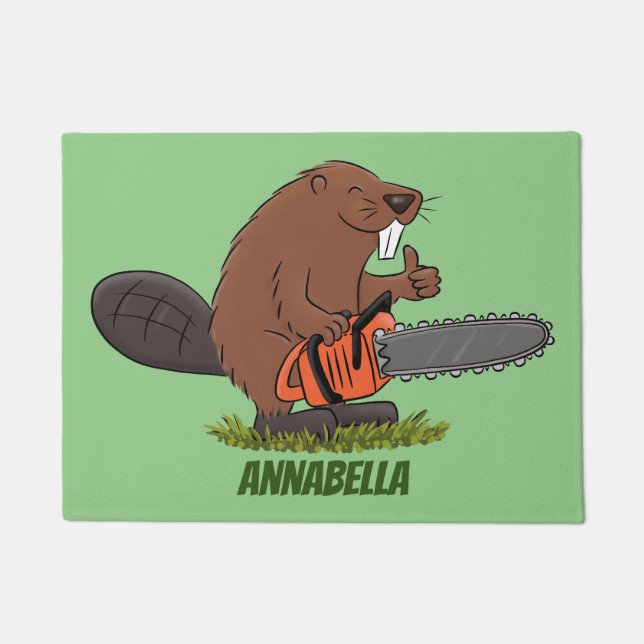 Funny beaver with chainsaw cartoon humour doormat (Front)