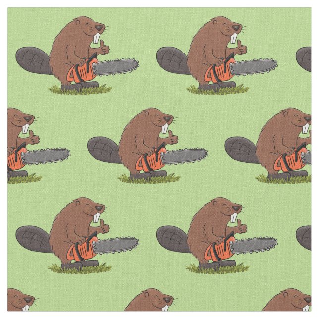 Funny beaver with chainsaw cartoon humour fabric (Close Up)