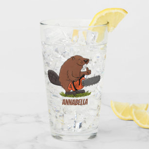 Funny beaver with chainsaw cartoon humour glass